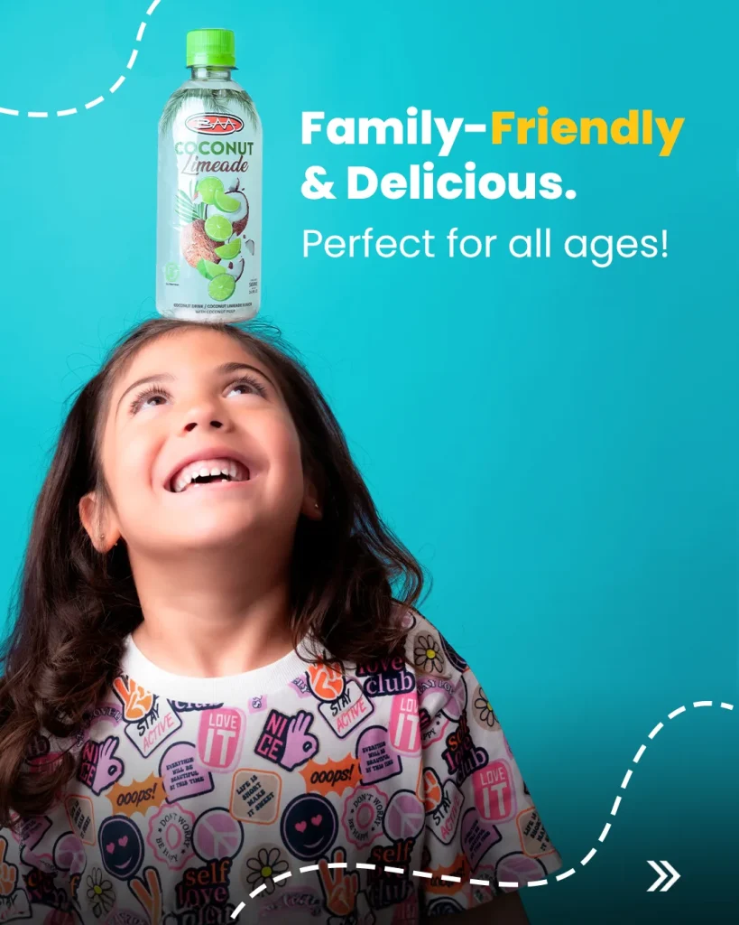 Family-friendly social media ad for a coconut drink