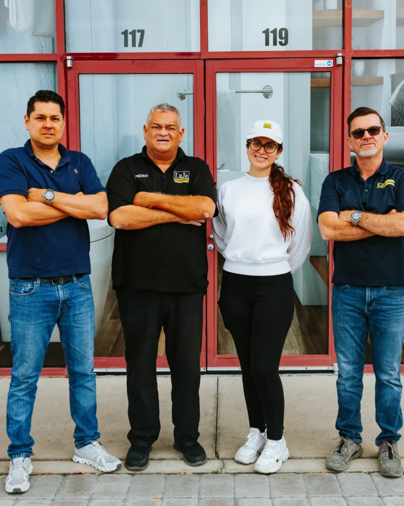 Corporate team photo shoot in front of the business